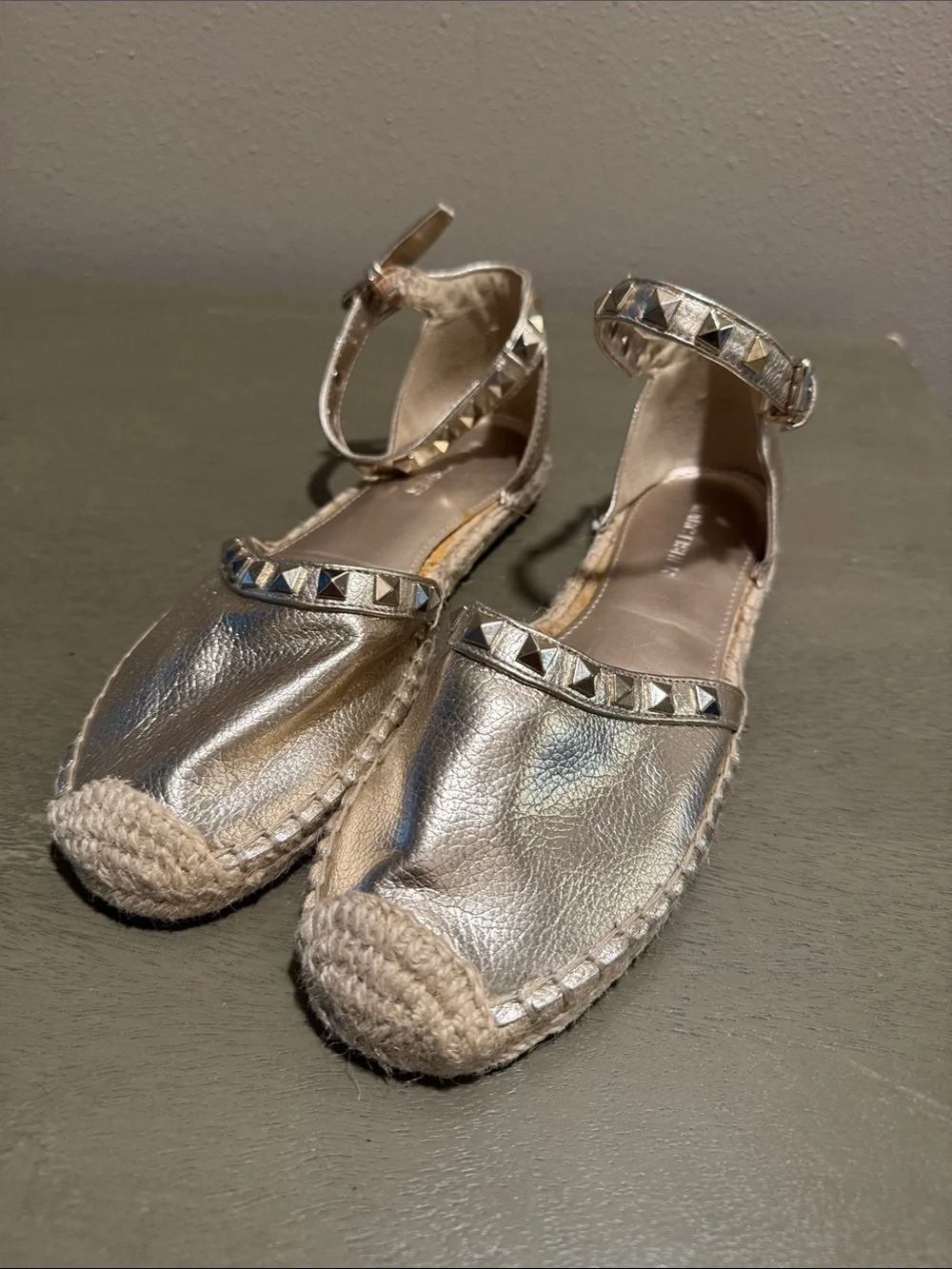 Marc Fisher Metallic Silver Studded Ankle-Strap Espadrilles size 7.5